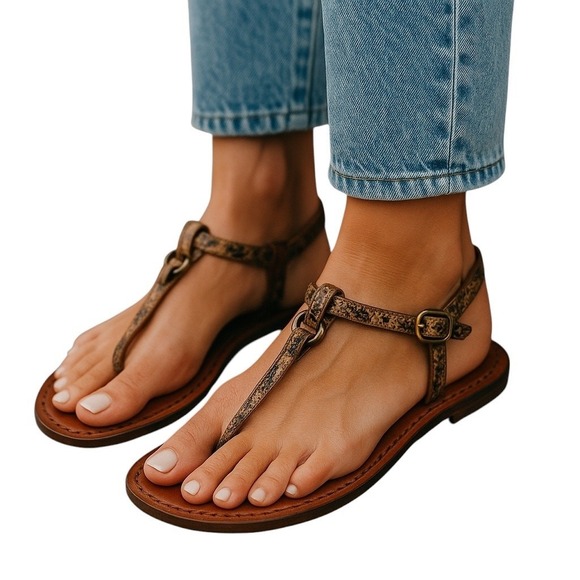 COACH Snakeskin Thong Sandals Buckle Brown Leather‎ Designer Sandals Size 6B - Picture 1 of 10